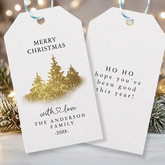 Personalisierte Weihnachts- Geschenkanhänger (Custom, "MERRY CHRISTMAS", golden Christmas tree, illustration, script font, with your name/text.)