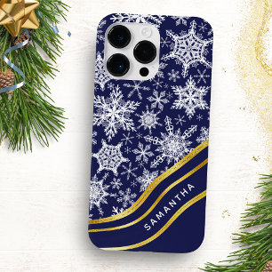 Personalisierte Weihnachts-Navy Blue-Gold-Schneefl Case-Mate iPhone Hülle