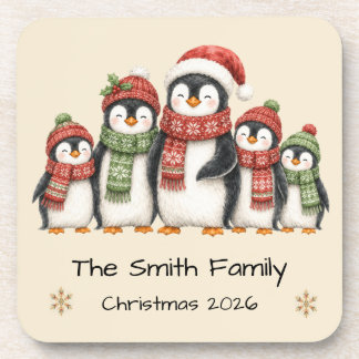 Personalisierte Weihnachts-Pinguin-Familie Getränkeuntersetzer