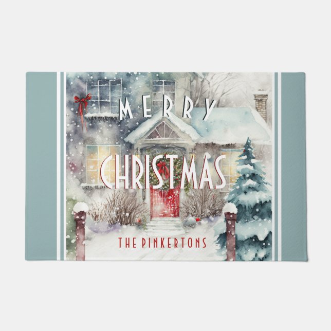 Personalisierte Weihnachts-Schneezeit-Hütte Fußmatte (Vorderseite)