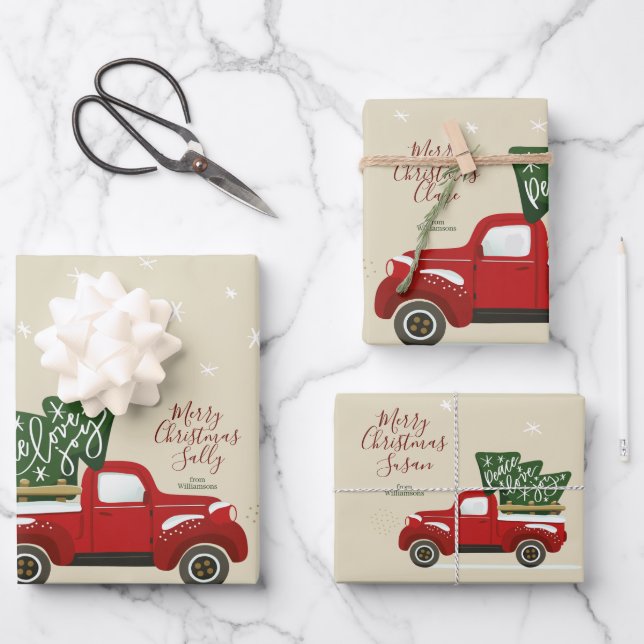 Personalisierte Weihnachts-Vintage LKW-Wrapping-Wr Geschenkpapier Set (Vorderseite)