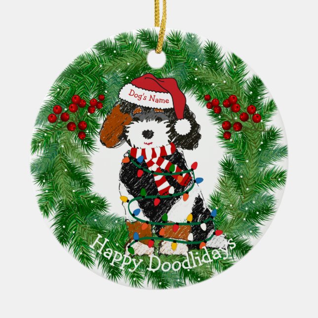 Personalisierte Weihnachtsbeleuchtung Bernedoodle Keramik Ornament (Vorne)