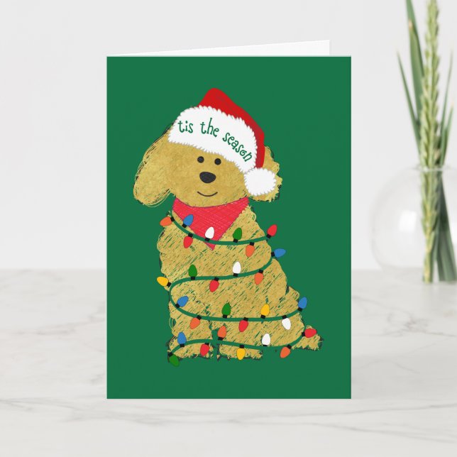 Personalisierte Weihnachtsbeleuchtung Goldendoodle Feiertagskarte (Vorderseite)