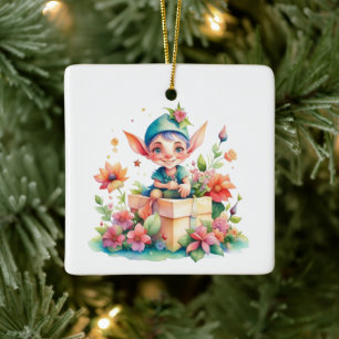 Personalisierte Weihnachtself-Aquarellbilder Keramikornament