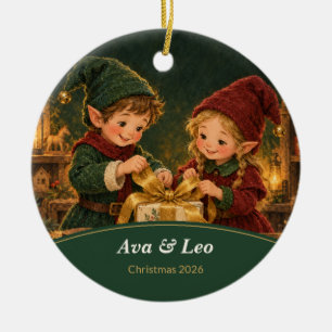 Personalisierte Weihnachtselfen-Geschwister Keramik Ornament