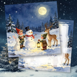 Personalisierte Weihnachtselfen und Schneemann im Feiertagskarte