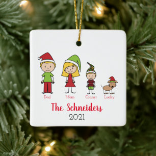 Personalisierte Weihnachtsfamilie mit Hund Keramikornament