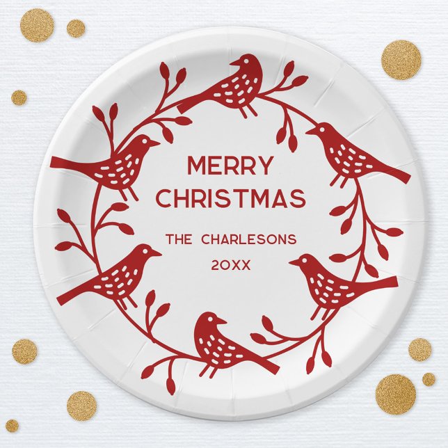 Personalisierte Weihnachtsfeier im skandinavischen Pappteller (Red Scandinavian bird wreath personalized family name date festive Merry Christmas paper plates)