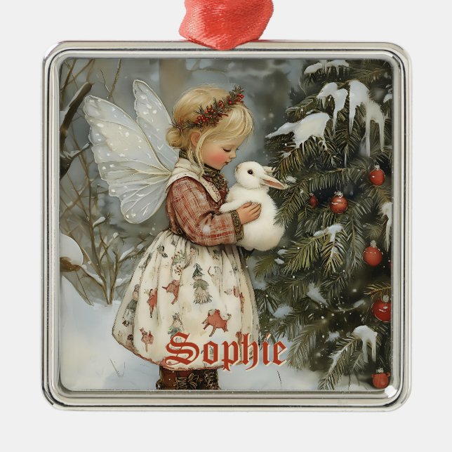 Personalisierte Weihnachtsfeier mit Bunny Ornament Aus Metall (Vorne)