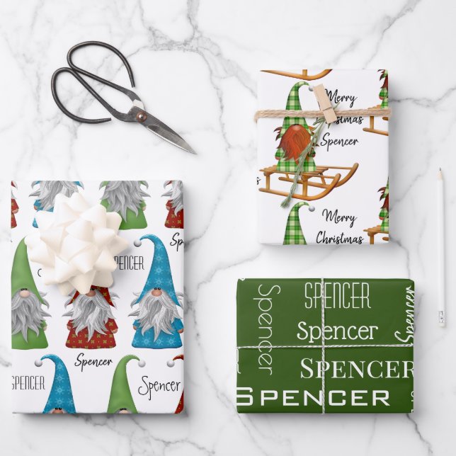 Personalisierte Weihnachtsgnomen Geschenkpapier Set (Vorderseite)