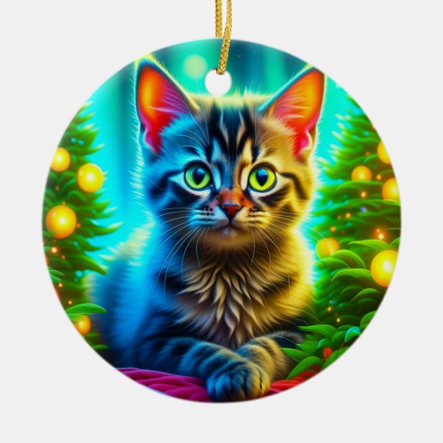 Personalisierte Weihnachtskatze und Weihnachtsbaum Keramik Ornament (Vorne)