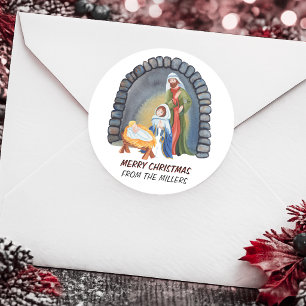 Personalisierte Weihnachtskrippe Runder Aufkleber