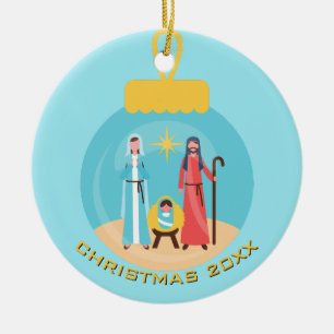 Personalisierte Weihnachtskrippen Blau und Gold Keramik Ornament
