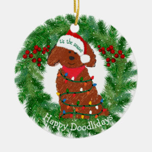 Personalisierte Weihnachtslichter Rot Goldendoodle Keramik Ornament