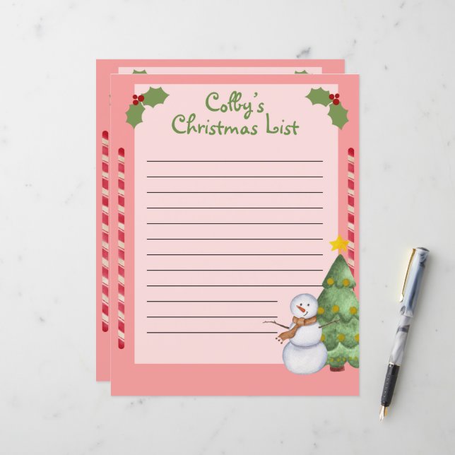Personalisierte Weihnachtsliste mit Snowman (Vorderseite/Rückseite Beispiel)