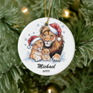 Personalisierte Weihnachtslöwenfamilie mit Santa-H Keramik Ornament