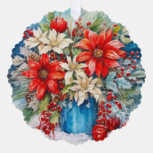 Personalisierte Weihnachtspoinsettia, Berries Bouq Ornament Karte (Vorderseite)