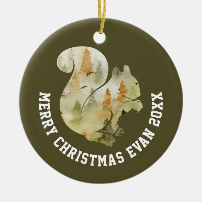 Personalisierte Weihnachtsszene mit Eichhörnchen Keramik Ornament (Vorne)