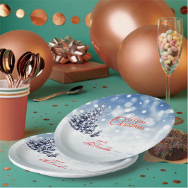 Personalisierte Weihnachtstischdecke mit Schnee un Pappteller