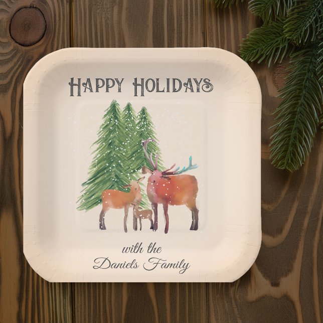 Personalisierte Weihnachtswildfamilie Pappteller (Personalized Christmas party plates with a rustic cabin feel.)