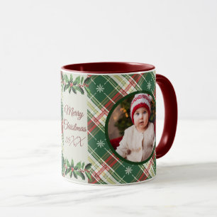 Personalisierte Weihnachtszeit Weiß, grün Kariert Tasse