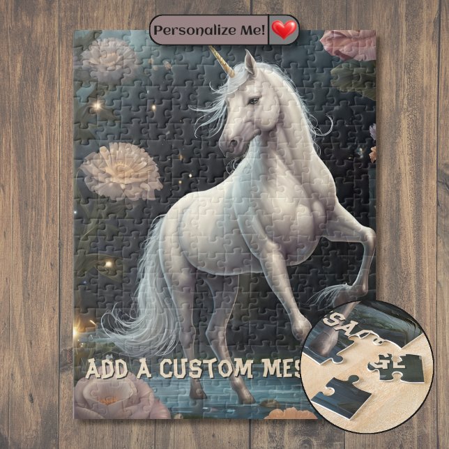 Personalisierte weiße Einhorn-Blumen Puzzle (Personalized White Unicorn Flowers Jigsaw Puzzle)