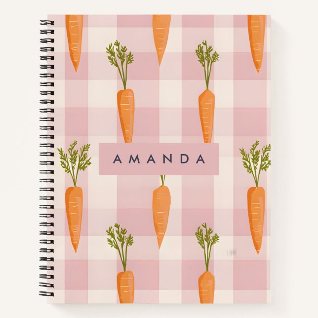 Personalisierte Whimsical Carrot und Pink Gingham Notizbuch (Vorderseite)