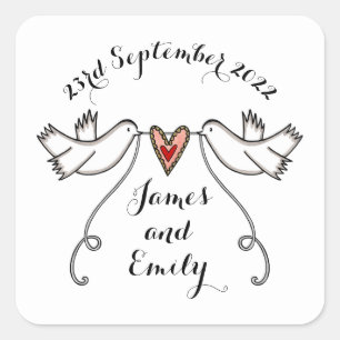 Personalisierte White Doves Hochzeitstickermarken Quadratischer Aufkleber