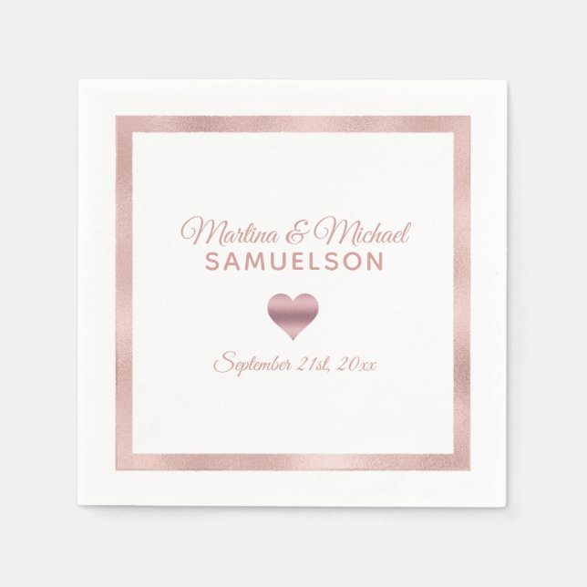 Personalisierte White Rose Gold Heart Frame Weddin Serviette (Vorderseite)