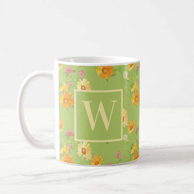 Personalisierte Wildblume Grünblüte Mit Monogramm Kaffeetasse (Links)