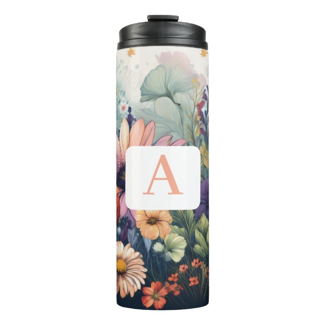 Personalisierte Wildblume mit Monogramm Thermosbecher (Vorderseite)