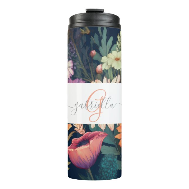 Personalisierte Wildblume mit Name und Monogramm Thermosbecher (Vorderseite)