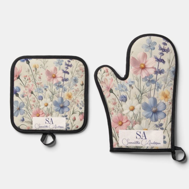Personalisierte Wildblume Oven Mitt & Pot Holding  Ofenhandschuh & Topflappen-Set (Vorderseite)