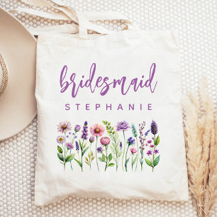 Personalisierte Wildblumen Lila Schrift Brautjungf Tragetasche