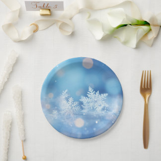 Personalisierte Winter-Schneeflocken Blau Bokeh Pappteller