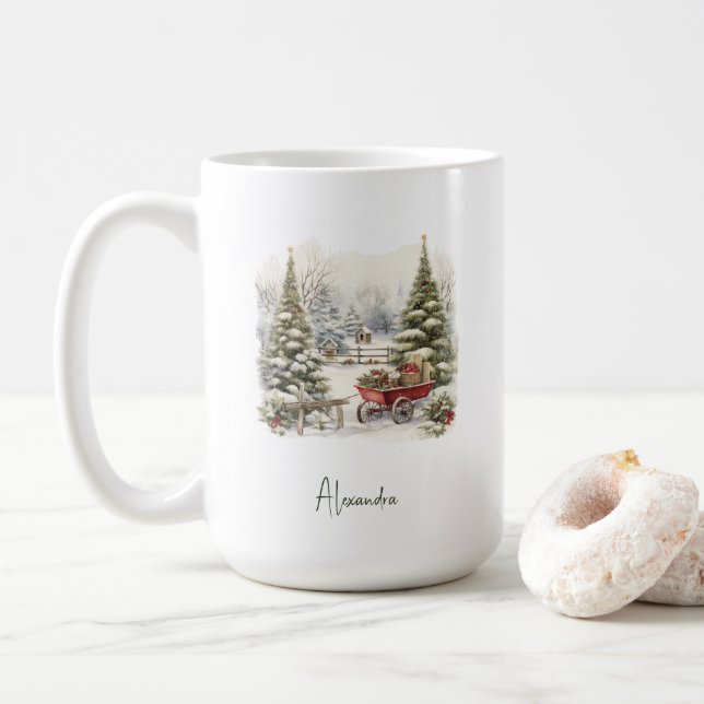 Personalisierte Winter-Wunder-Wasserfarbenlandscha Kaffeetasse (Mit Donut)