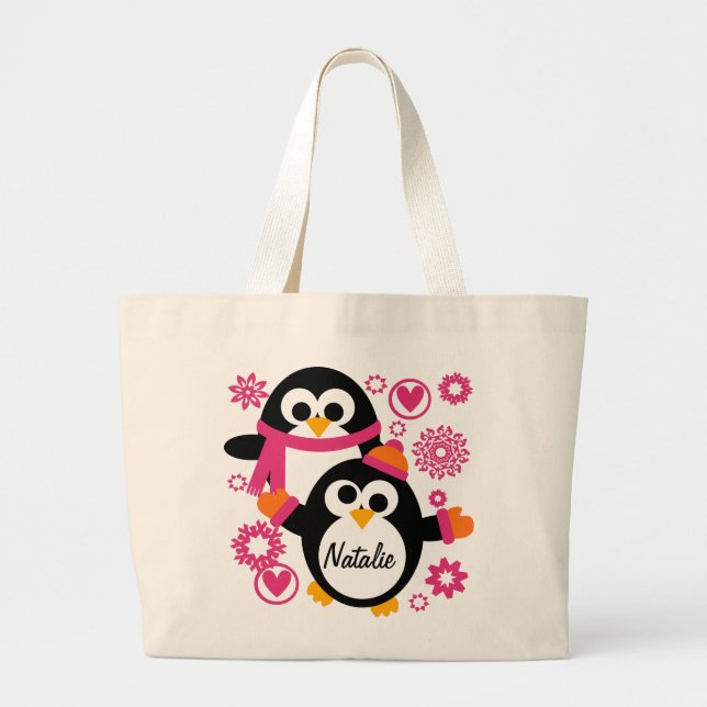 Personalisierte Winterpenguins-Taschen-Tasche Jumbo Stoffbeutel (Vorne)