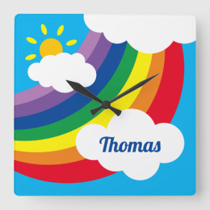 Personalisierte Wolken, Sonnenschein und Regenboge Quadratische Wanduhr