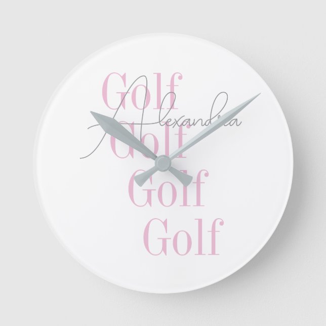 Personalisierte Women's Golf Pink Typografie Runde Wanduhr (Vorderseite)