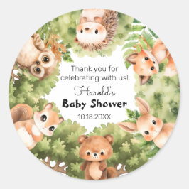 Personalisierte Woodland Boy Baby Duschfavoriten Runder Aufkleber