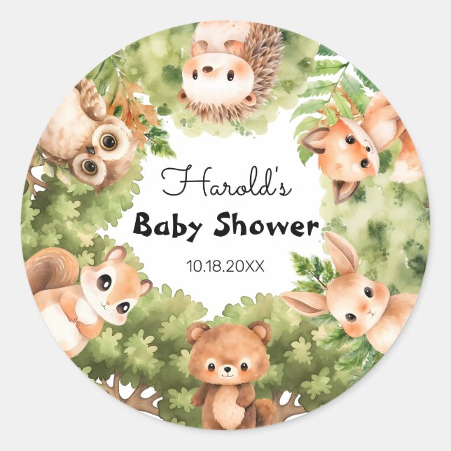 Personalisierte Woodland Boy Babydusche Runder Aufkleber (Vorderseite)