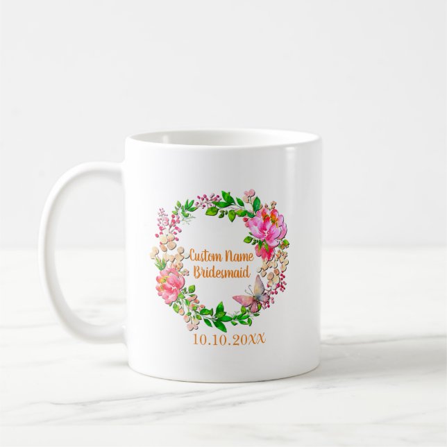Personalisierte Wreath Pink Floral Wedding Party Kaffeetasse (Links)
