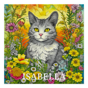 Personalisierte wunderliche Katze und Blumen Poster