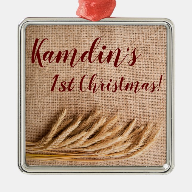 Personalisierte XMAS Zierwein auf Burlap Sack Co Ornament Aus Metall (Vorne)
