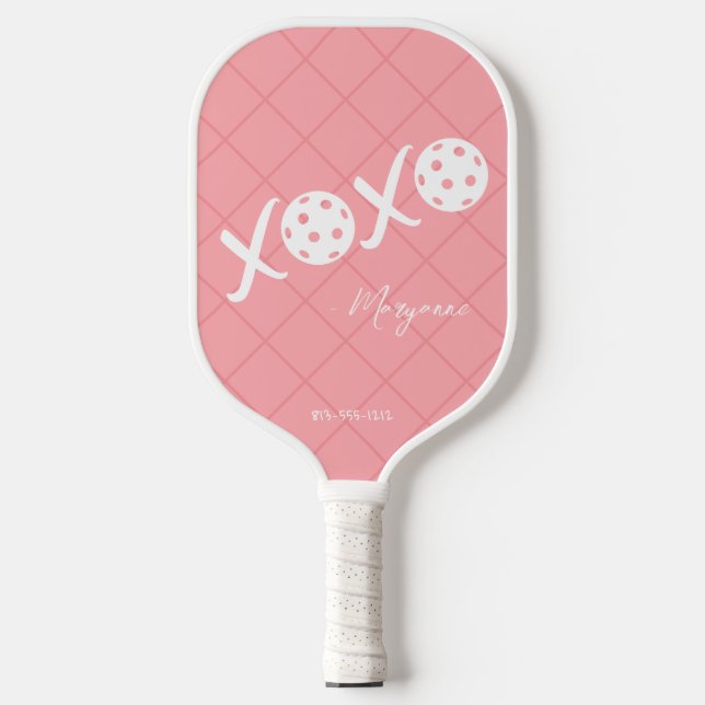 Personalisierte XOXO-Signatur, rosa und weiß Pickleball Schläger (Vorderseite)