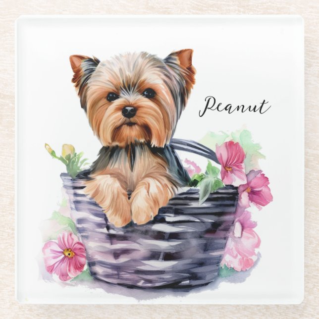 Personalisierte Yorkie im Wasserfall Kunst Glasuntersetzer (Vorderseite)