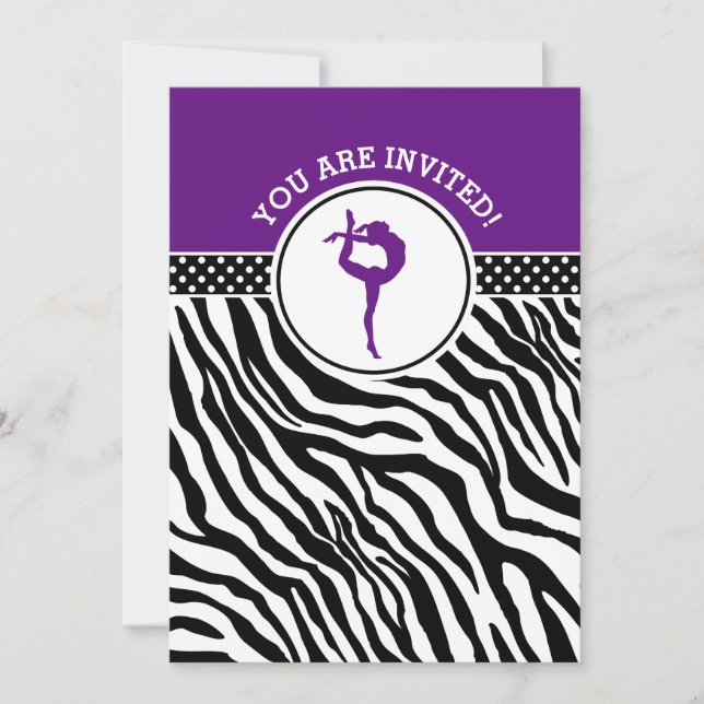 Personalisierte Zebra Print Gymnastik in Lila Einladung (Vorderseite)
