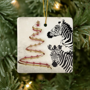 Personalisierte Zebras und Weihnachtsbäume in Ribb Keramikornament