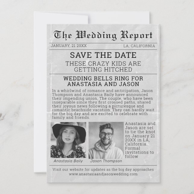 Personalisierte Zeitung Save the Date Hochzeit Einladung (Vorderseite)