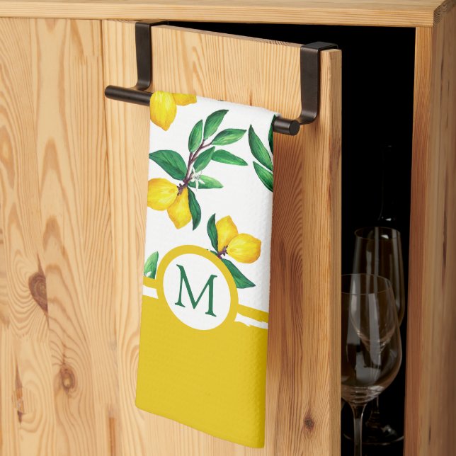 Personalisierte Zitronenblatt-Monogramm-Küchentüch Geschirrtuch (Drittel gefaltet)